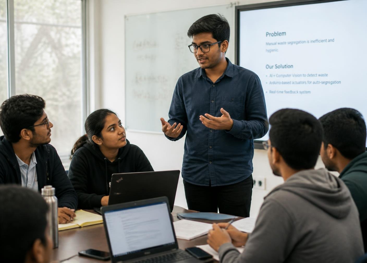 A student presenting a project to classmates in a modern classroom
